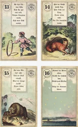 Deutsche Ausgabe des Lenormand französischen Kartendecks: Das Kind, Der Fuchs, Der Bär, Der Stern, veröffentlicht von Dondorf, Frankfurt, 19. Jahrhundert