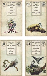 Deutsche Ausgabe des Lenormand französischen Kartendecks: Die Blumen, Die Sense, Die Rute, Die Vögel, veröffentlicht von Dondorf, Frankfurt, 19. Jahrhundert