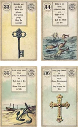 Deutsche Ausgabe des Lenormand französischen Kartendecks: Der Schlüssel, Die Fische, Der Anker, Das Kreuz, veröffentlicht von Dondorf, Frankfurt, 19. Jahrhundert