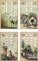 Deutsche Ausgabe des Lenormand französischen Kartendecks: Der Storch, Der Hund, Der Turm, Der Garten, veröffentlicht von Dondorf, Frankfurt, 19. Jahrhundert
