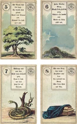 Deutsche Ausgabe des Lenormand französischen Kartendecks: Der Baum, Die Wolken, Die Schlange, Der Sarg, veröffentlicht von Dondorf, Frankfurt, 19. Jahrhundert