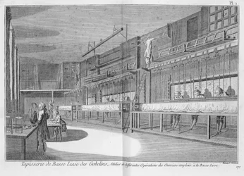 Gobelin-Werkstätten, aus der Enzyklopädie von Denis Diderot (1713-84), graviert von Robert Benard (geb. 1734), veröffentlicht ca. 1770