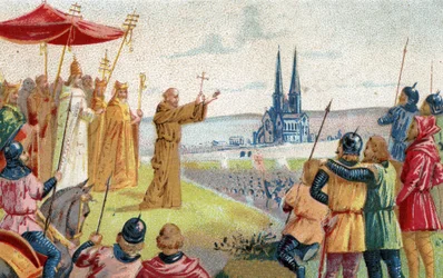 Gott will es! Peter der Einsiedler predigt den Kreuzzug (1095 - 1099) Chromolithographie aus dem späten 19. Jahrhundert.