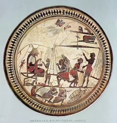 Griechischer Becher, der Arkesilaos II., König von Kyrene (ca. 560-550 v. Chr.) zeigt, der das Wiegen und Laden von Silphium beobachtet, Kopie eines Originals aus dem 6. Jahrhundert v. Chr.