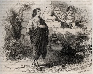 Griechische Mythologie: Bacchis und seine Freunde versuchen, Gyges zu verführen, der ablehnt und seiner verstorbenen Frau treu bleibt. Gravur von 1871 in "Histoire Des Cocus Celebres" von Henry de Kock (1819-1892)
