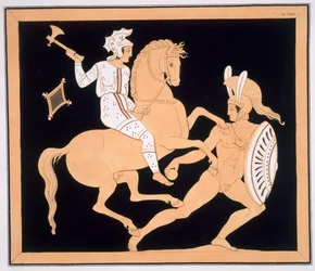Griechischer Krieger im Kampf mit einer berittenen Amazone