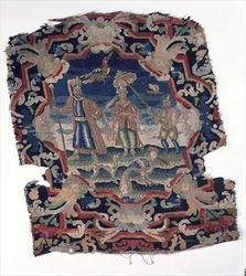 Gros Point und Petit Point Sitzbezug mit drei osteuropäischen Figuren und Vögeln, Mitte des 18. Jahrhunderts (Detail)