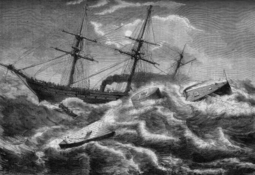 Sezessionskrieg oder amerikanischer Bürgerkrieg (1861 - 1865): Untergang der „Monitor“, Panzerschiff der Bundesarmee, am 31. Dezember 1862, in Welmington (South Carolina). Gravur in „Le Monde Illustré“ Nr. 304 vom 7. Januar 1863