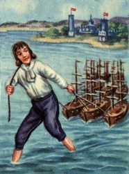Gulliver zieht feindliche Schiffe in den Hafen von Lilliput. Illustration zur Geschichte „Gullivers Reisen“ von Jonathan Swift (1667 - 1745).