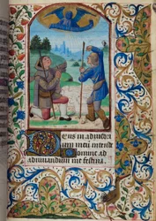 Verkündigung an die Hirten, aus dem Stundenbuch, Gebrauch von Paris, Mitte des 15. Jahrhunderts