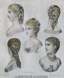 Frisuren, Illustration aus Le Moniteur de la Coiffure, 10. Dezember 1879 (Farbstich)