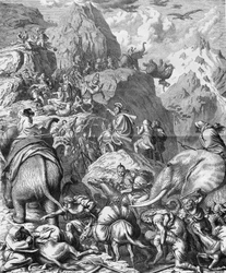 Hannibal überquert die Alpen mit Elefanten, um nach Italien zu gelangen (Zweiter Punischer Krieg). Gravur des 19. Jahrhunderts