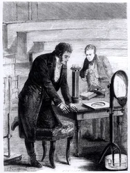 Hans Christian Oersted entdeckt die Abweichung der Magnetnadel durch geschlossenen Stromkreis, aus Les Merveilles de la Science von Louis Figuier, 1867