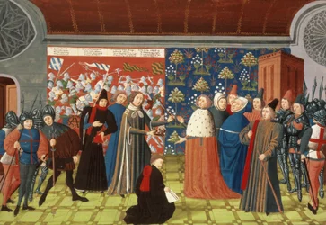 Harl.4380 f.184v Richard II. übergibt die Krone an den Earl of Derby, aus Froissarts Chronik, Band IV