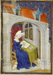 Detail einer Miniatur von Christine de Pizan in ihrem Arbeitszimmer zu Beginn der 
