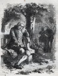 Er hörte das Flüstern eines Kusses. Der Schweizer Philosoph Jean Jacques (Jean-Jacques) Rousseau (1712-1778) überrascht seine Gefährtin Marie-Therese (Marie Therese) Le Vasseur (Levasseur) (1721-1801) beim Ehebruch. Gravur von 1871 in „Histoire Des Cocuses