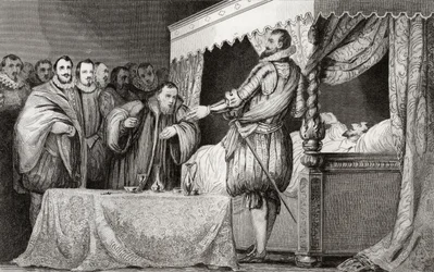 Heinrich III. (1551-89) ernennt Bearnais (1553-1610) zu seinem Nachfolger, aus 