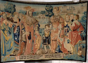 Herkules von Libyen mit seiner Frau Galathee und seinem Sohn Galathes umgeben von ihren Höflingen vor der Stadt Alexia im Jahr 1713 v. Chr.