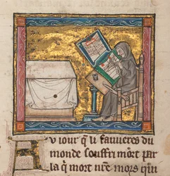 Einsiedler schreibt an einem Schreibtisch, Miniatur aus "Estoire del Saint Graal, La Queste del Saint Graal, Morte Artu", ca. 1315-25