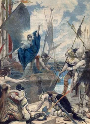 Heldinnen Frankreichs: St. Genevieve (423-512). Les héroïnes de France - Barbareninvasionen - Sainte Genevieve rettet die Stadt Paris. Illustration für Le Petit Journal.