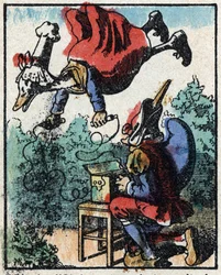 Geschichte von Dr. Pulcinella (Polichinelle). Holzgravur von Imaging Pellerin - Epinal, sp. 19. Jahrhundert.