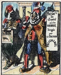 Geschichte von Dr. Pulcinella (Polichinelle). Holzstich von Imaging Pellerin - Epinal, späte 19. Jahrhundert.