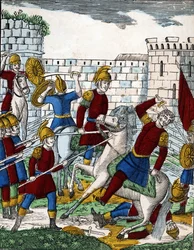 Geschichte der vier Söhne Aymon; Der Verräter Ganelon, der im Tal von Soissons auf der Lauer liegt, tötet den Herzog von Beauves d