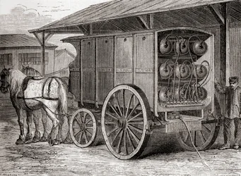 Pferdewagen zum Transport von komprimiertem Gas in tragbaren Behältern im 19. Jahrhundert, aus Les Merveilles de la Science, veröffentlicht ca. 1870