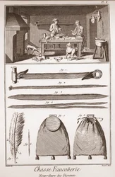 Jagd - Falknerei - Fütterung der Vögel - Gravur von Benard nach Goussier - „Die große Enzyklopädie, oder Wörterbuch der Wissenschaften, Künste und Berufe“ von Denis Diderot (1713