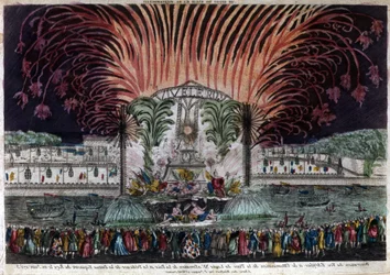 Beleuchtung und Feuerwerk auf dem Place Louis XV in Paris anlässlich des Friedens und der Einweihung des Reiterstandbildes des Königs am 22. Juni 1763. Privatsammlung.