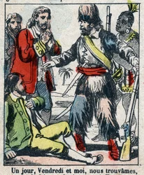 Illustration für das Buch von Daniel Defoe „Robinson Crusoe“. Epinal-Bild Ende des 19. Jahrhunderts.