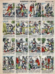 Illustration für das Buch von Daniel Defoe „Robinson Crusoe“. Epinal-Bild aus dem späten 19. Jahrhundert