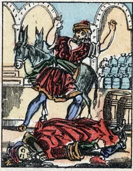 Illustration zu den Märchen aus Tausendundeiner Nacht. Ali-Baba. Holzstich von Imaging Pellerin - Epinal, sp. 19. Jahrhundert.