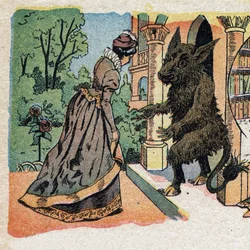 Illustration zum Märchen "Die Schöne und das Biest": Die Schöne kommt am Schloss des Biests an. Gravur von Quinn, um 1890.