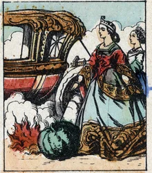Illustration zu Charles Perraults Märchen „Aschenputtel oder Der kleine Glasschuh“. Holzstich von Imaging Pellerin - Epinal, sp. 19. Jahrhundert.
