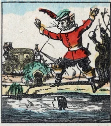 Illustration des Märchens „Der gestiefelte Kater“ von Charles Perrault. Holzschnitt von Imaging Pellerin - Epinal, sp. Ende des 19. Jahrhunderts.