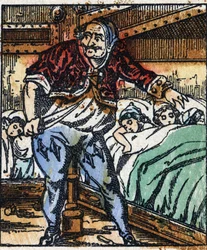 Illustration des Märchens „Der kleine Däumling“ von Charles Perrault. Holzstich aus Imaging Pellerin - Epinal, sp. 19. Jahrhundert.