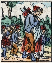 Illustration des Märchens „Der kleine Däumling“ von Charles Perrault. Holzschnitt von Imaging Pellerin - Epinal, sp. Ende des 19. Jahrhunderts (Gravur)