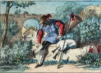 Illustration der Fabel von Jean de La Fontaine (1621-1695): Der Wolf wurde ein Schäfer. Epinal-Bild Ende des 19. Jahrhunderts.