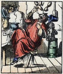 Illustration des Märchens „Raminagrobis und die Mäuse“. Holzstich von Imaging Pellerin - Epinal, Ende des 19. Jahrhunderts