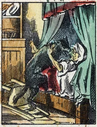 Illustration zu Charles Perraults Märchen „Rotkäppchen“. Holzstich von Imaging Pellerin - Epinal, sd. Ende des 19. Jahrhunderts.