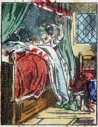 Illustration des Märchens „Rotkäppchen“ von Charles Perrault. Holzstich von Imaging Pellerin - Epinal, Ende des 19. Jahrhunderts