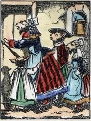 Illustration der Geschichte „Der Wolf, die Ziege und die sieben Geißlein“. Holzstich aus Imaging Pellerin - Epinal, sp. 19. Jahrhundert.