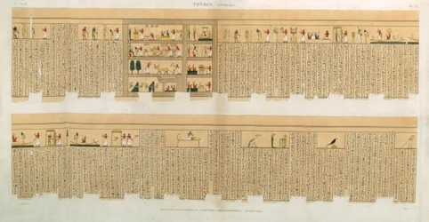 Illustrationen eines Pampus-Manuskripts mit Hieroglyphen, Hypogäen, Theben, Platte 75 aus Band II von Beschreibungen von Ägypten, graviert von Willemin, veröffentlicht 1822