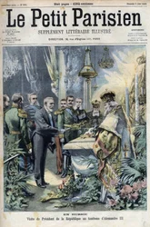 In Russland: Besuch von Präsident Emile Loubet (1838-1929) am Grab von Alexander III. (1845-1894), Kaiser von Russland, in „Le Petit Parisien“.