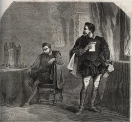In einem Schachspiel mit James Balfour erhielt Jacques Hepburn (bekannt als Bothwell) (ca. 1534-1578), Liebhaber von Königin Maria I. Stuart (1542-1587), eine Nachricht von der Königin, die sie über ihren Ehemann Henry Stuart, genannt Lord Darnley, informi