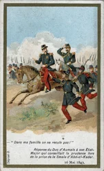 In meiner Familie treten wir nicht zurück! Antwort des Herzogs von Aumale an seinen Generalstab, der zur Vorsicht riet, als er die Smala (Smalah) von Abd el Kader (Abd El-Kader) am 16. Mai 1843 einnahm. Chromolithographie aus dem 19. Jahrhundert.
