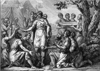 Inthronisation von Pharamond (5. Jahrhundert): Krönung des Königs der Franken Pharamond (oder Pharamun oder Faramund oder Paramund). Gravur des 18. Jahrhunderts.