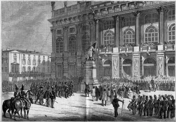 Einweihung des sardischen Denkmals von Vincenzo Vela (1820-1891) auf dem Schlossplatz in Turin (Italien) am 10. April 1859. Hinter der Statue befindet sich der „Palazzo Madama“. Basierend auf den Skizzen von Herrn Ferry. Gravur in „Le Monde Illustré“ Nr. 1