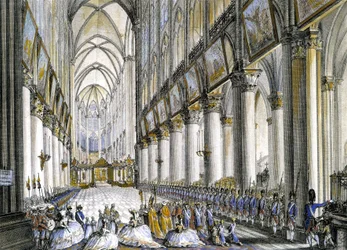 Innenansicht von Notre-Dame de Paris, bei der Ankunft von Marie Antoinette (1755-1793), Königin von Frankreich, um der berühmten Messe zur Geburt ihres Sohnes, des zukünftigen Ludwig XVII (1785-1795), beizuwohnen. Gravur 18. Jahrhundert